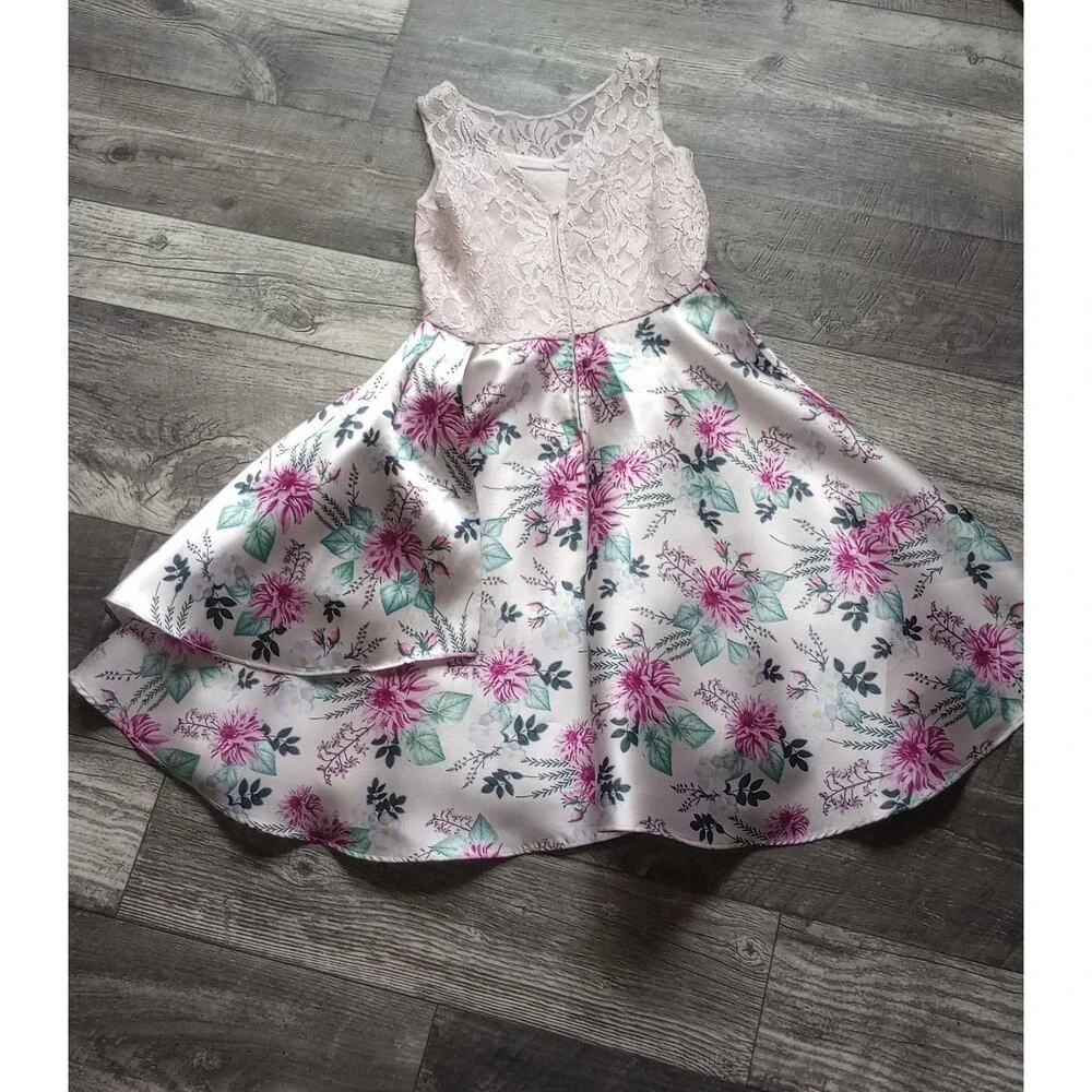 Emily Rose Girls 16 White/Pink Floral Sleeveless Gown